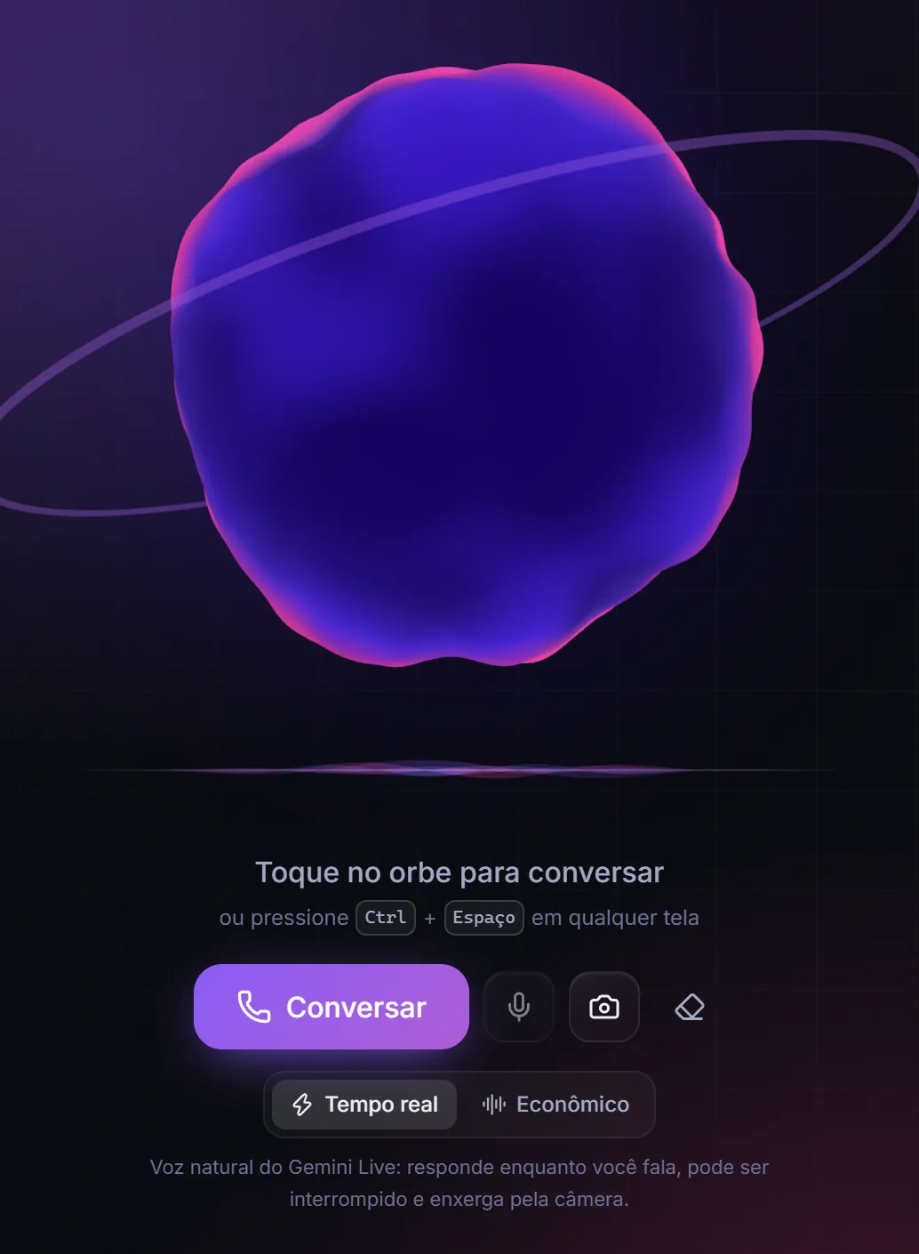 O painel do assistente em repouso: o orbe 3D com o anel, as ondas da voz, o atalho Ctrl + Espaço e os modos de voz