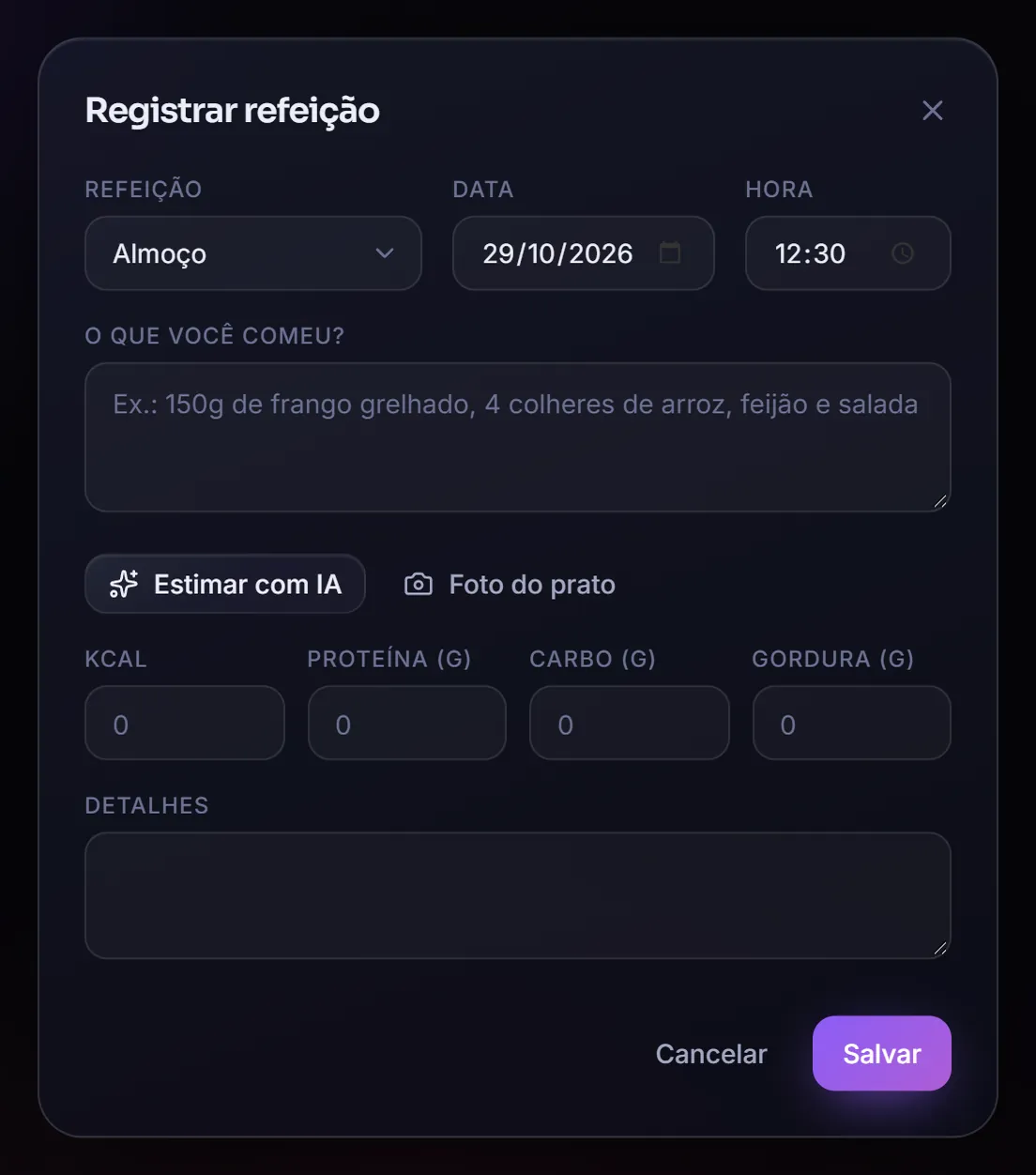 Registrar refeição, em branco: o tipo pela hora, o que você comeu, Estimar com IA, Foto do prato e os campos de calorias e macros