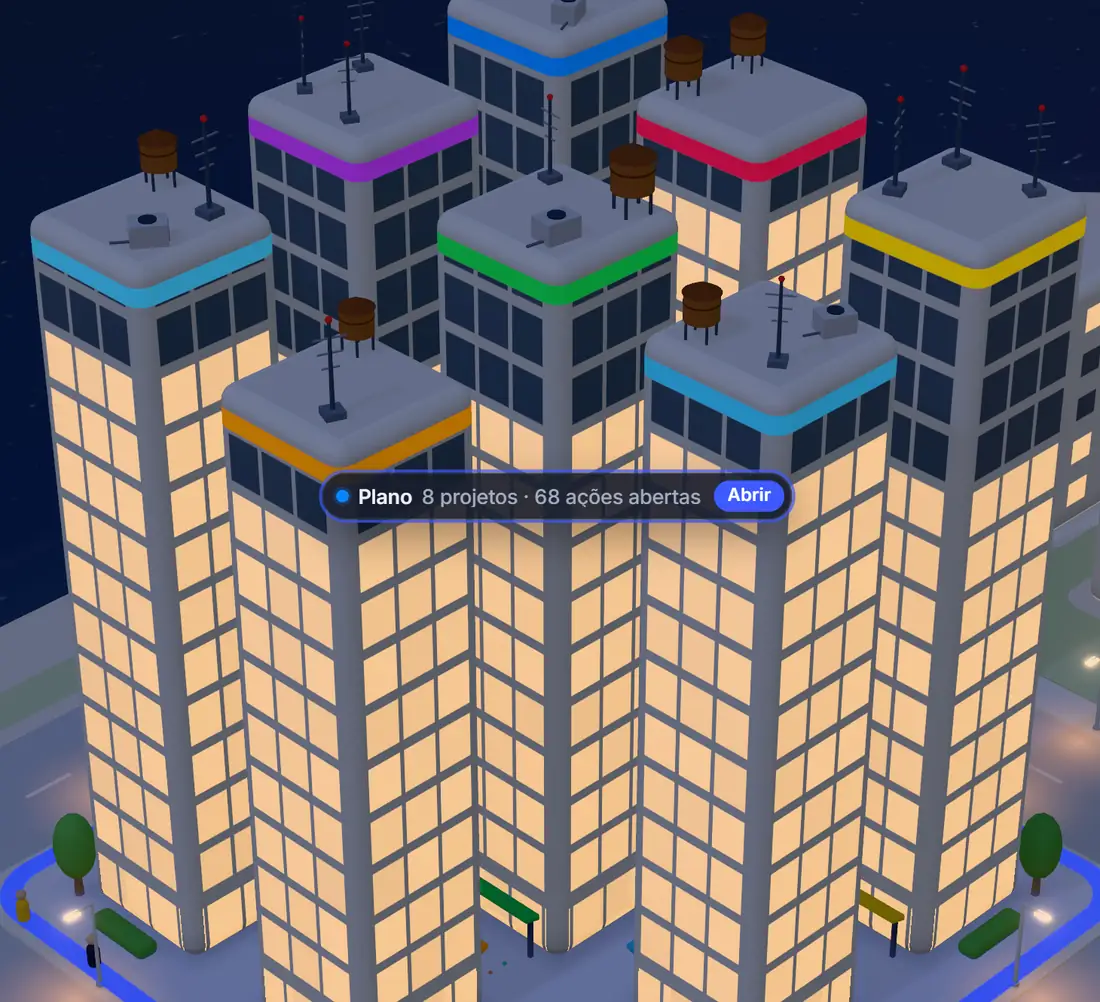 O bairro do Plano no fim da tarde: uma torre de vidro por projeto, com a faixa na cor do projeto e os andares acesos, com dados de teste