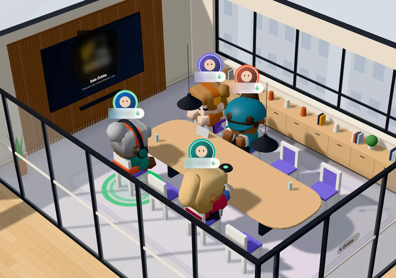 A sala de reunião do escritório 3D numa chamada de teste: quatro pessoas na mesa, cada uma com o vídeo num balão sobre a cabeça