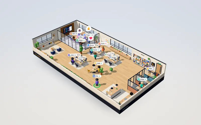 O escritório 3D, com a equipe em volta das mesas e da sala de reunião