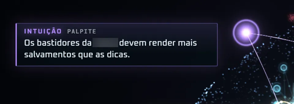 Um pensamento do tipo intuição saindo do cérebro, com o halo violeta, a marca de palpite e o fio até as ideias de origem