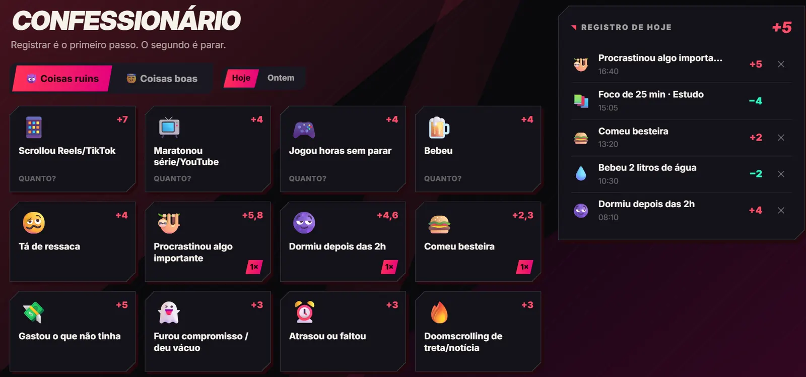 O confessionário do Desfoco no computador: as coisas ruins com o quanto cada uma pesa e o registro de hoje ao lado