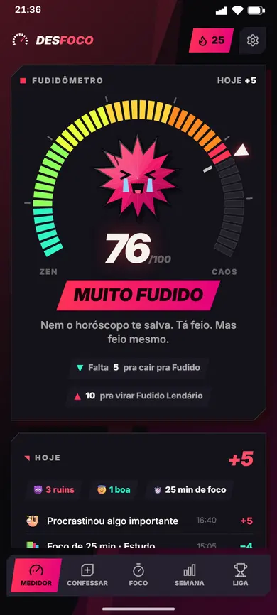 O medidor do Desfoco no celular, com o mascote e o dia contado
