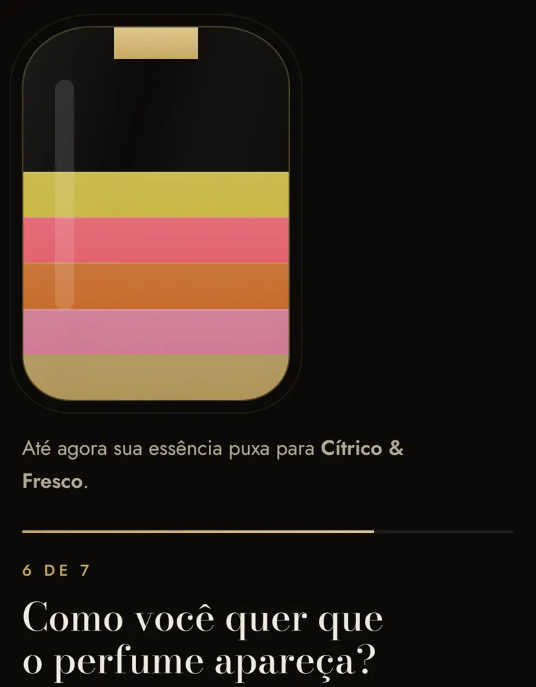 O quiz no celular, na pergunta 6 de 7: o frasco com uma camada de cor por resposta