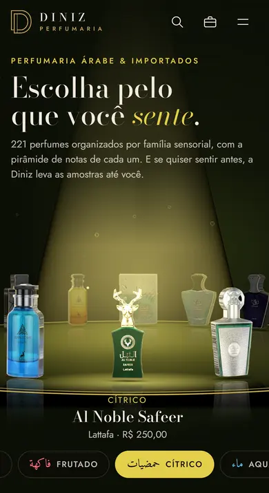Início do site da Diniz: escolha pelo que você sente, com a vitrine iluminada