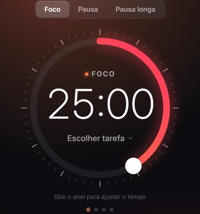 O dial do Foco no celular: 25 minutos marcados no anel, a fase de foco e o botão de escolher a tarefa