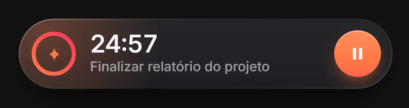 A pílula do Foco no computador durante o foco: o anel do tempo, 24:57, a tarefa da vez e o botão de pausa