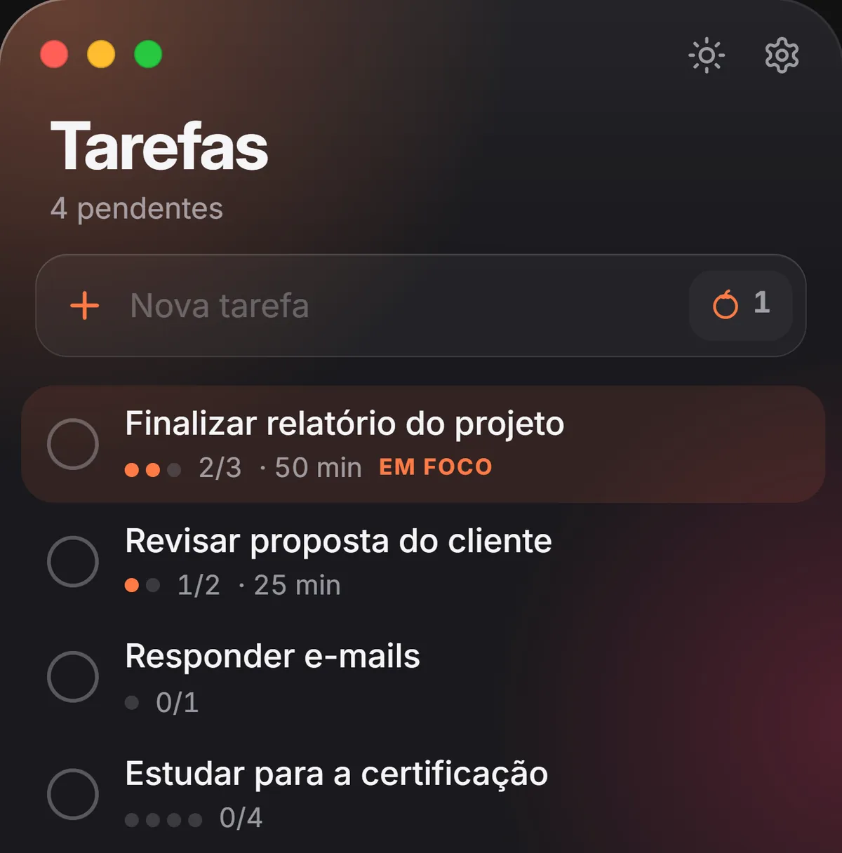 As tarefas no widget do Foco: a estimativa de pomodoros, os pontos de cada tarefa e a tarefa em foco