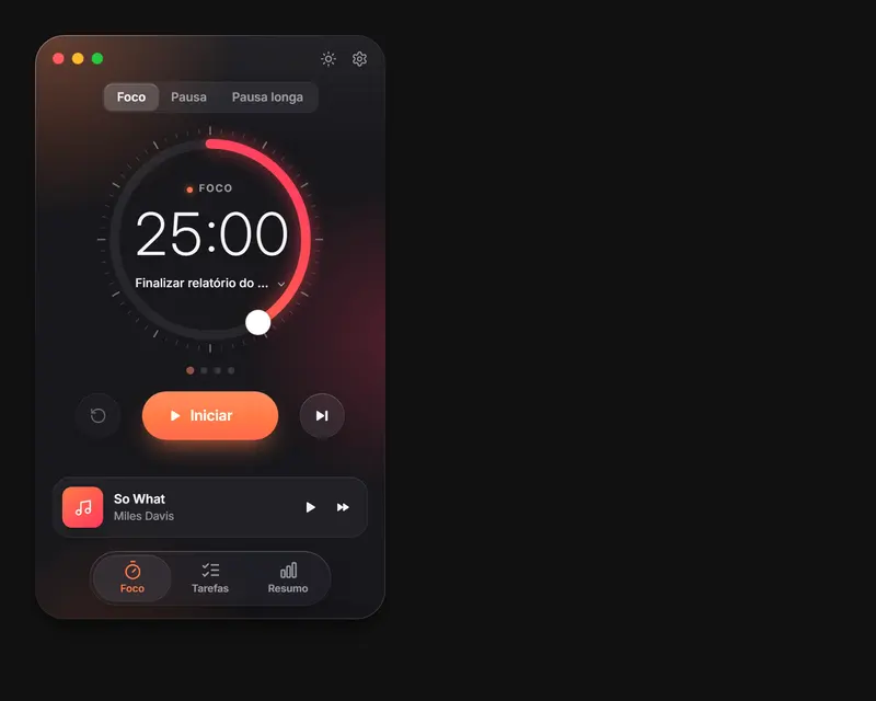 O widget do Foco no computador: o dial de 25 minutos e a música
