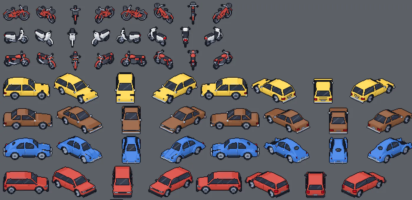 Bicicleta, motos e carros brasileiros do jogo em pixel art, cada um em oito ângulos