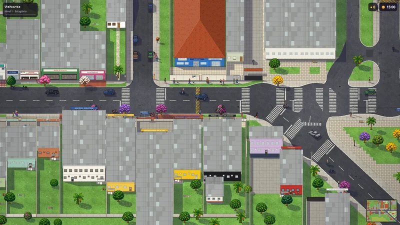 O centro de Salto Grande no jogo, visto de cima, em pixel art