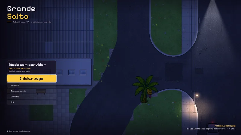 O menu do jogo, de noite, com a cidade ao fundo