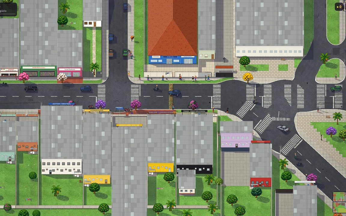 Vista de cima do centro de Salto Grande no jogo, em pixel art