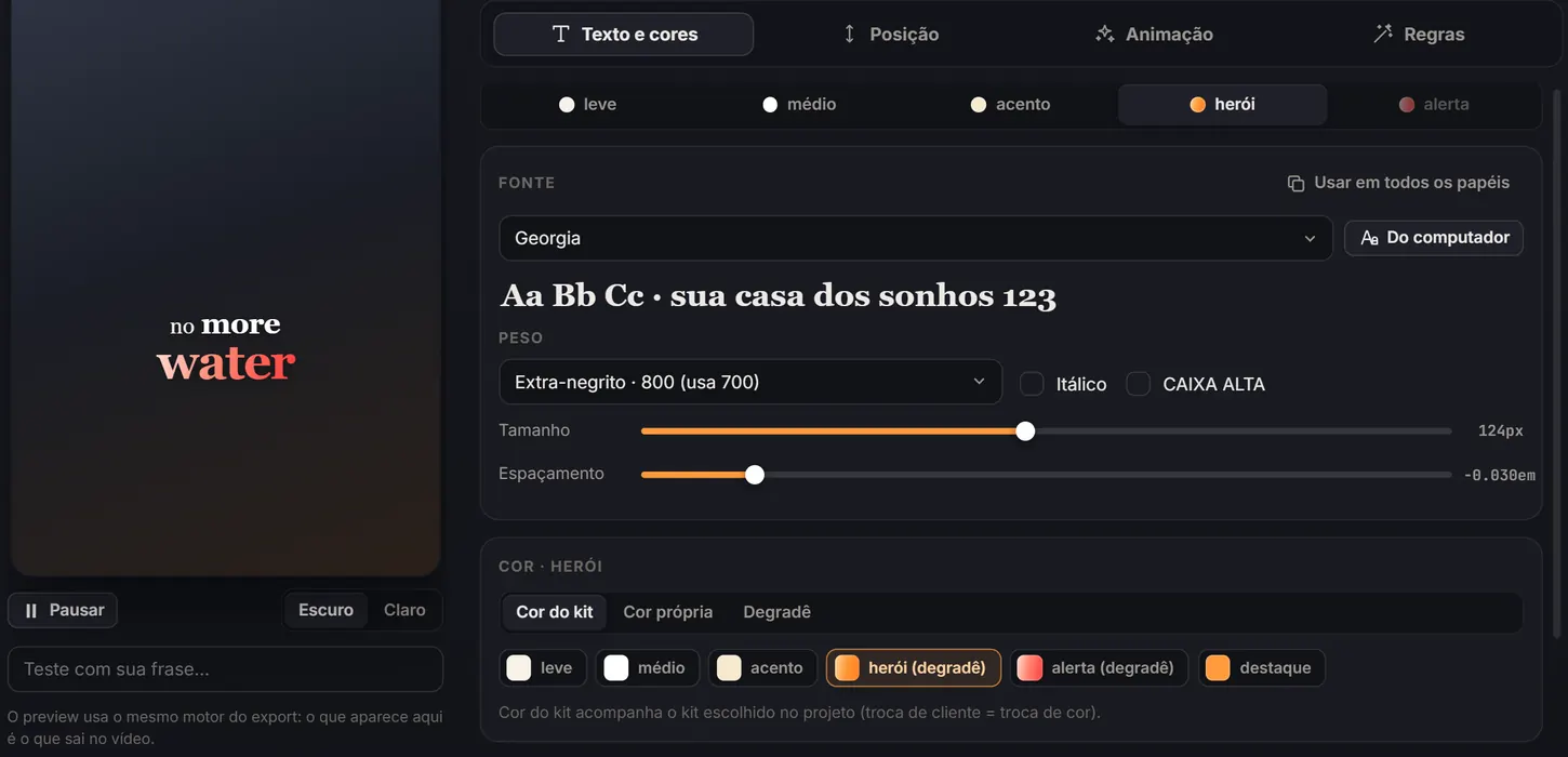 O editor de template do Leal Captions: a prévia ao vivo com a frase de exemplo do app, os cinco papéis das palavras, a fonte e as cores