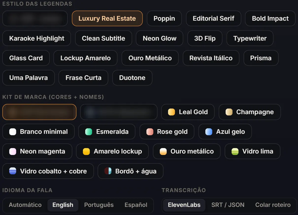 O projeto novo: os 17 estilos de legenda, os kits de marca, o idioma da fala e os três jeitos de transcrever (nomes de clientes borrados)
