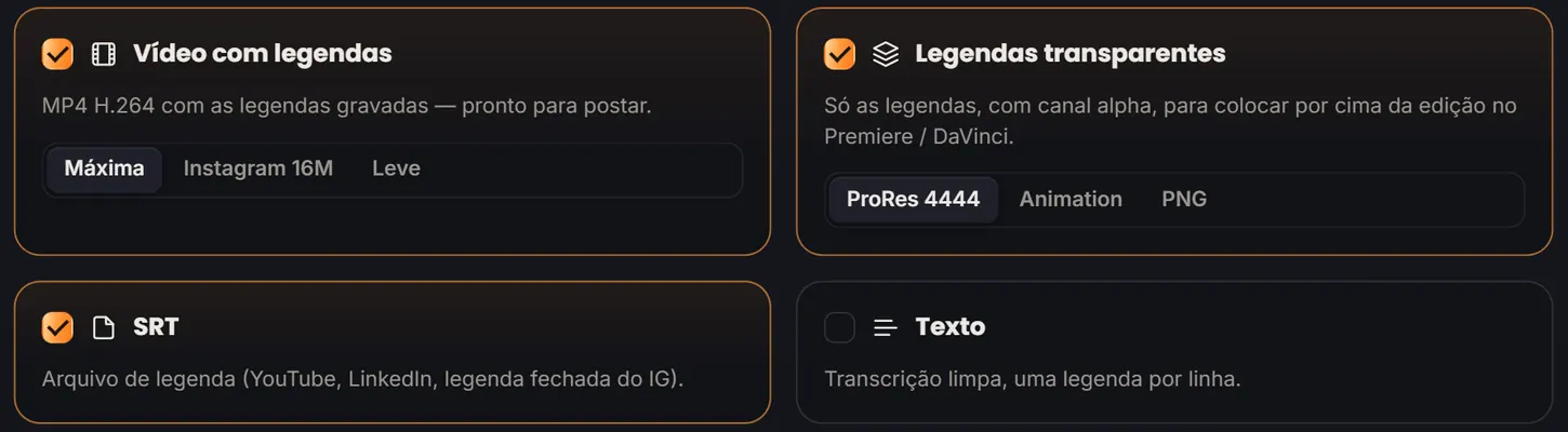 As saídas do export: o vídeo com as legendas gravadas, as legendas transparentes, o SRT e o texto
