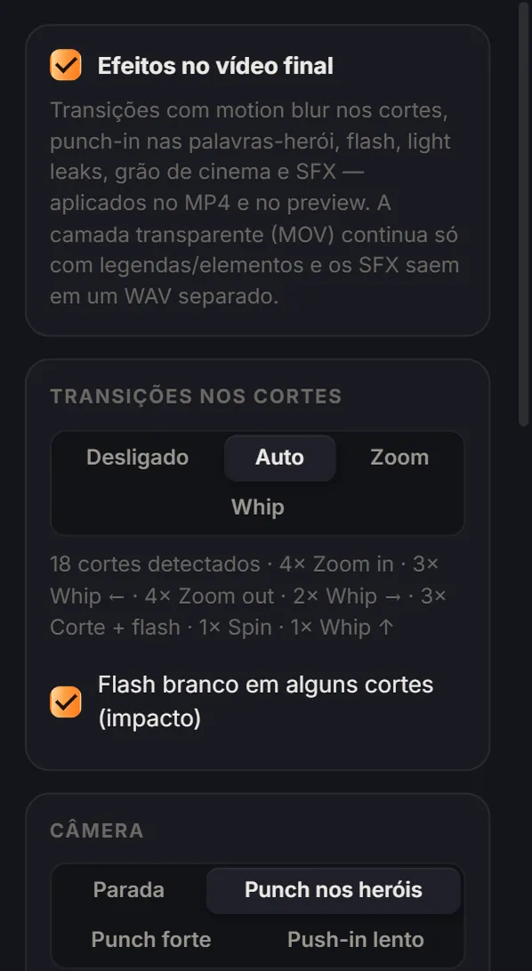 O painel de efeitos: transições nos cortes, o flash e o punch-in da câmera nas palavras-herói
