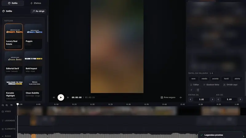 O editor do Leal Captions: os estilos de legenda, o vídeo e a linha do tempo