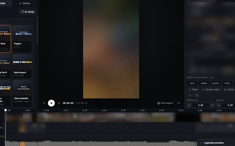 O editor do Leal Captions com os estilos de legenda e a linha do tempo