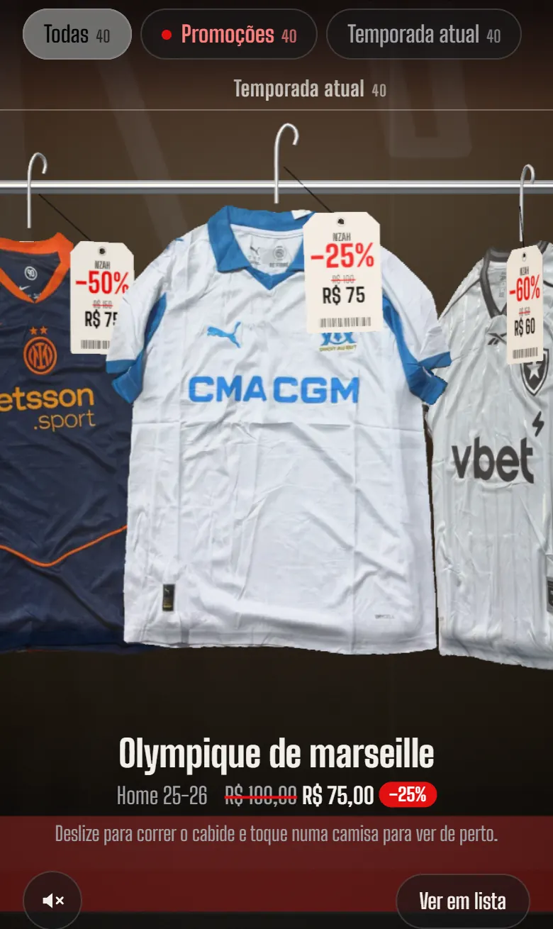 O vestiário da Nzah no celular: as abas, o cabide com as camisas e as etiquetas de promoção