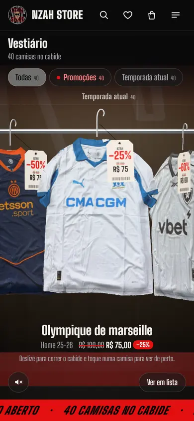 Início do site da Nzah: o vestiário com as camisas no cabide e os filtros de promoção