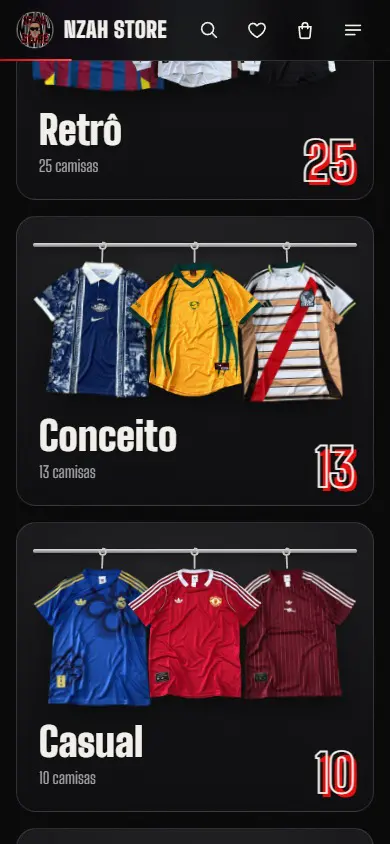 As coleções do site: retrô, conceito e casual, cada uma com as suas camisas