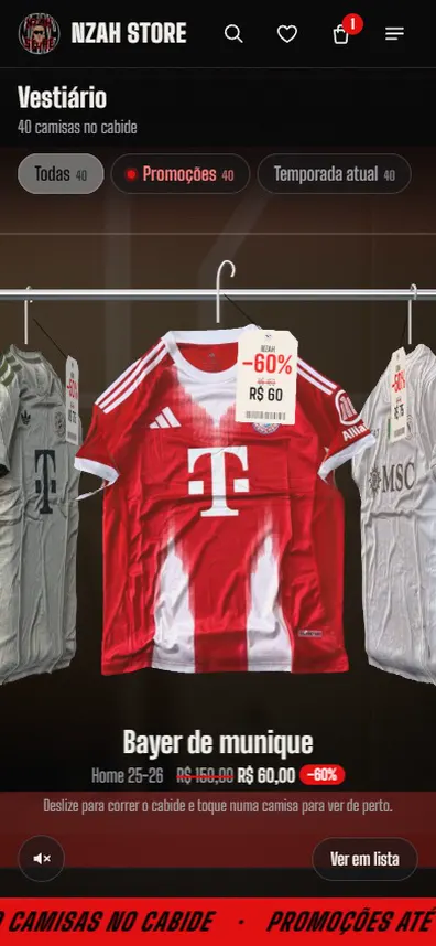 Gravação do site da Nzah no celular, com o cabide 3D passando as camisas