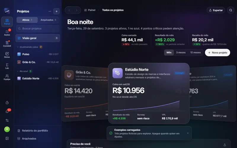 O Plano no tablet, com os projetos de exemplo