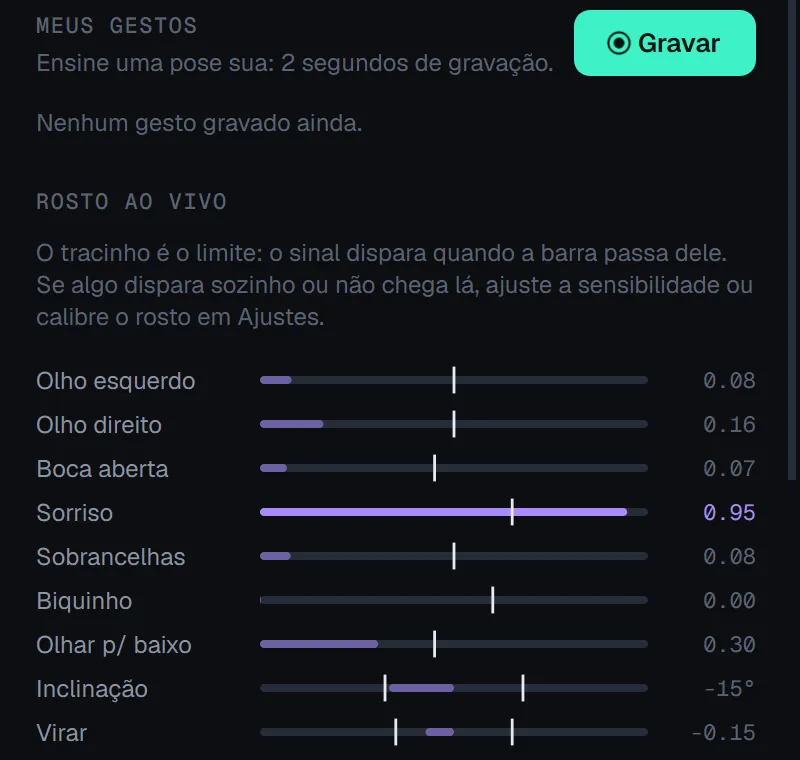 A aba Gestos: o botão de gravar uma pose e o rosto ao vivo, uma barra por medida com o tracinho do limite