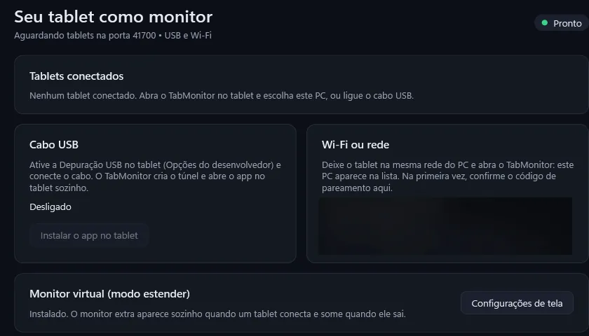 A tela inicial do TabMonitor no computador: o cabo USB, o Wi-Fi com o código de pareamento e o monitor virtual