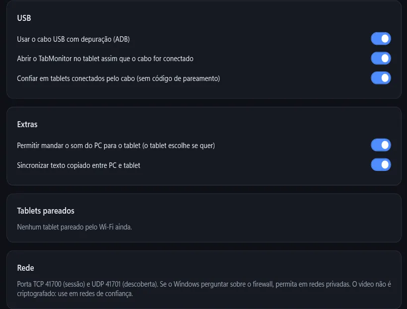 A aba Conexão do TabMonitor: o cabo USB, o som e o texto copiado indo pro tablet e as portas da rede
