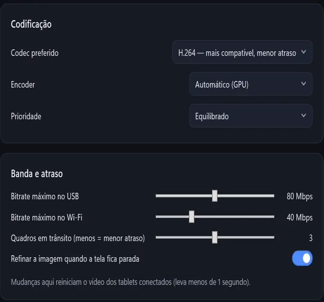 A aba Vídeo do TabMonitor: o codec, o encoder da placa de vídeo, o limite de bitrate do cabo e do Wi-Fi e a tela parada