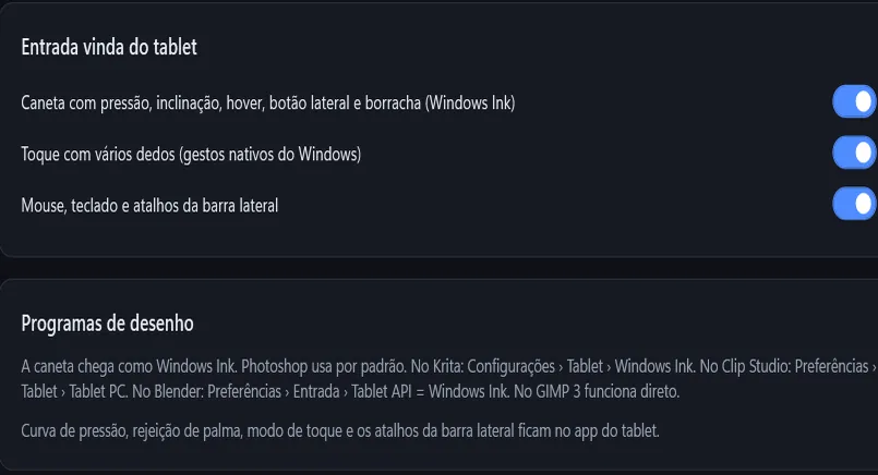 A aba Caneta e toque do TabMonitor: a caneta como Windows Ink, o toque com vários dedos e os programas de desenho