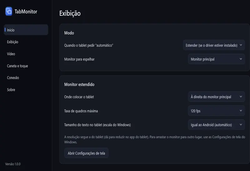 O TabMonitor no computador: o modo estender ou espelhar e a taxa de quadros