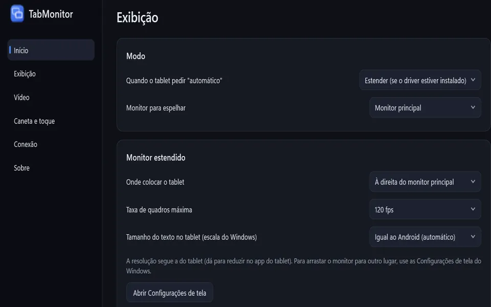 Tela de configurações do TabMonitor no computador